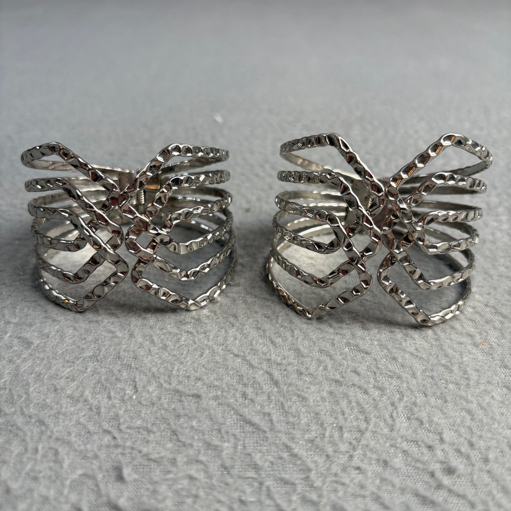 Set of 2 Silver Tone Hammered Multi Strand Hinge Cuff Bracelets Statement Bangle